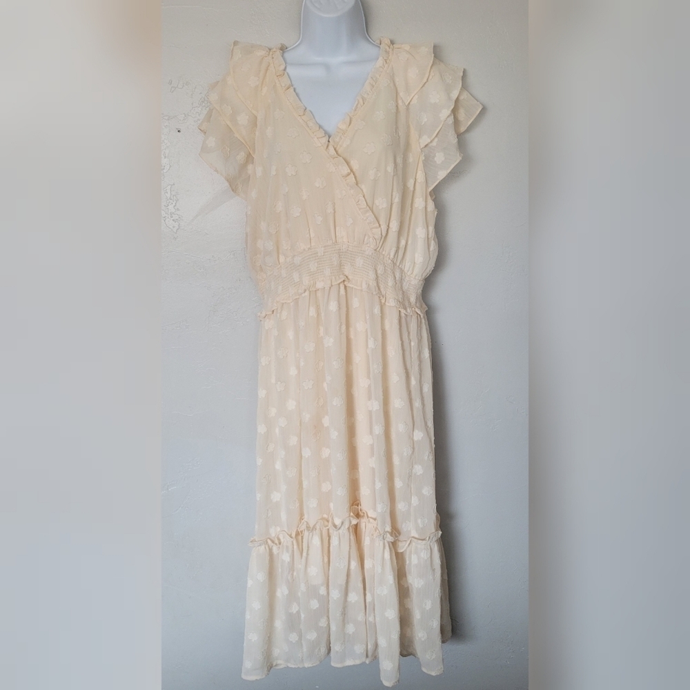 Orange Creek Women's XL Ivory Cream Short Sleeve Midi Dress Jacquard Flowers 3D